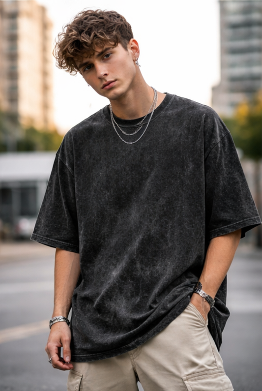 Evo Vogue Black Acid Wash Oversized Tee – Premium 240 GSM Streetwear Fit