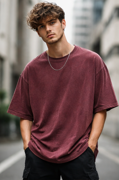 Evo Vogue “Crimson Drift” Maroon Acid Wash Oversized Tee – Heavyweight 240 GSM Street Fit