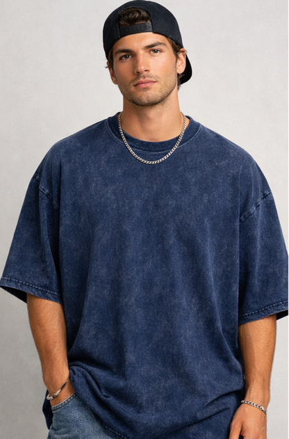 Evo Vogue “Midnight Tide” Navy Blue Acid Wash Oversized Tee – 240 GSM Heavyweight Streetwear