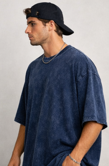 Evo Vogue “Midnight Tide” Navy Blue Acid Wash Oversized Tee – 240 GSM Heavyweight Streetwear