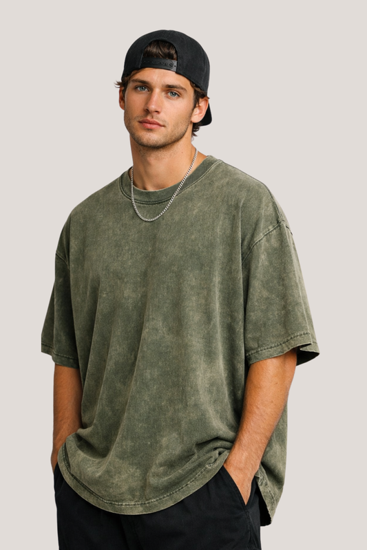 Evo Vogue Olive Green Vintage Acid Wash Tee – 240 GSM Oversized Streetwear Fit