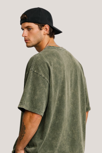 Evo Vogue Olive Green Vintage Acid Wash Tee – 240 GSM Oversized Streetwear Fit