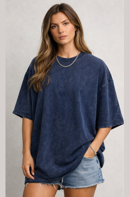 Evo Vogue Navy Blue Shadow-Wash Oversized Tee for Women – Premium Relaxed 240 GSM Cotton