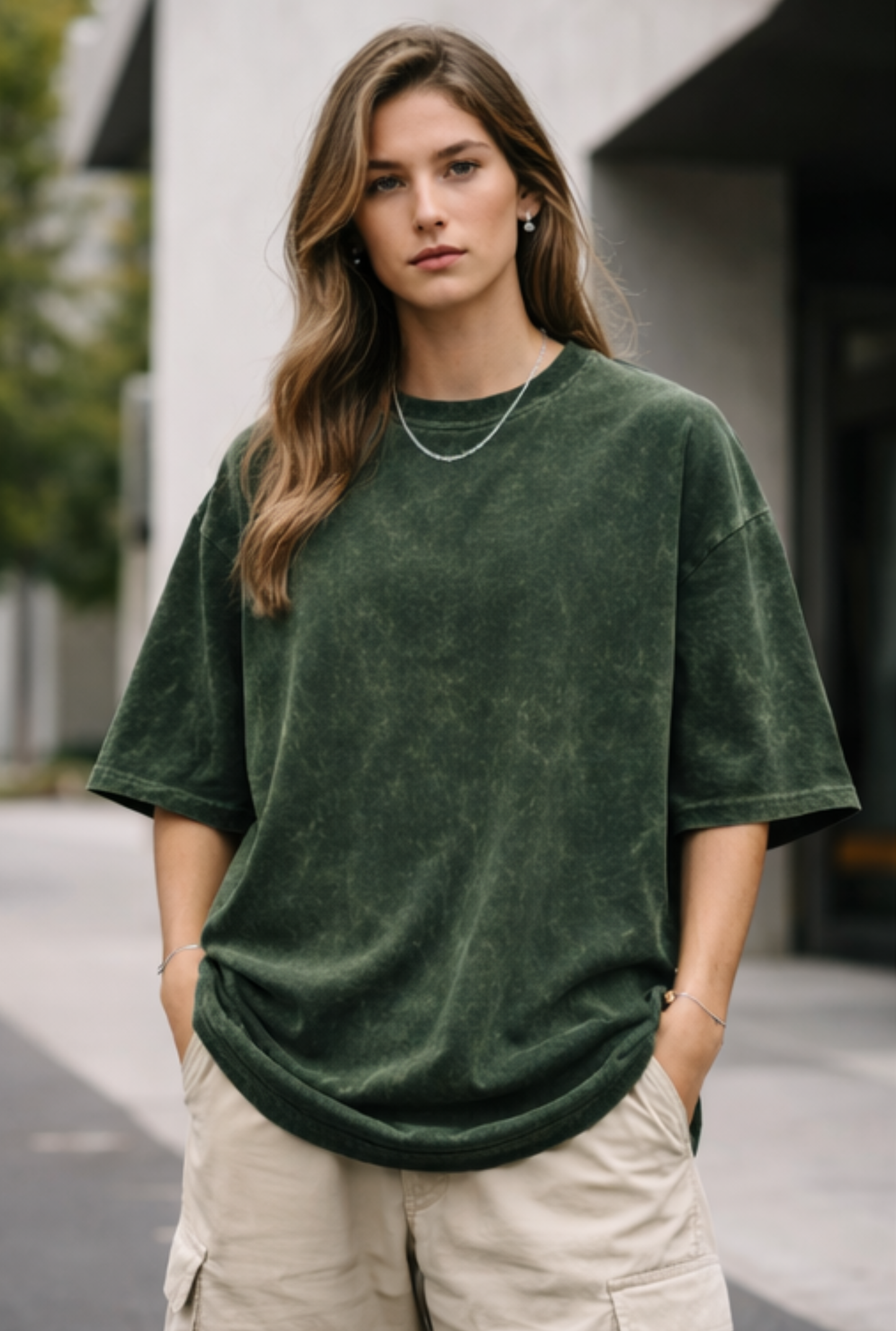 Evo Vogue Bottle Green Mist-Wash Oversized Tee for Women – Relaxed Premium Cotton Fit